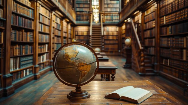 Classic library with rows of books and a globe