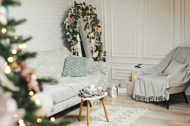 Classic light christmas interior with new year decoration