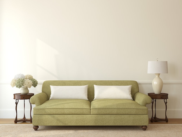 Интерьер классической гостиной с зеленым диваном у пустой бежевой стены. 3d визуализация.