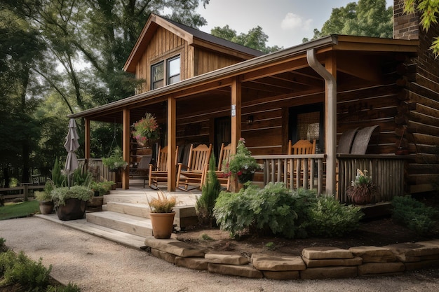 Classic log cabin exterior with wraparound porch rocking chairs and potted plants