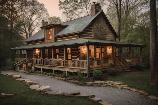 Classic log cabin with wraparound porch rocking chairs and lanterns