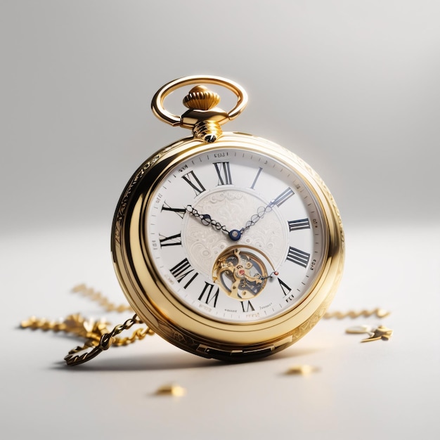 Classic luxurious golden pocket watch plain background showing time