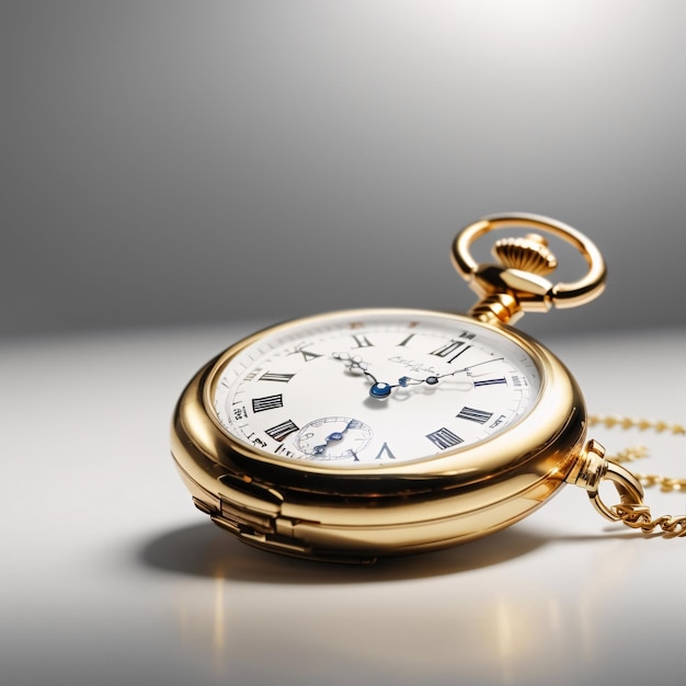 Classic luxurious golden pocket watch plain background showing time