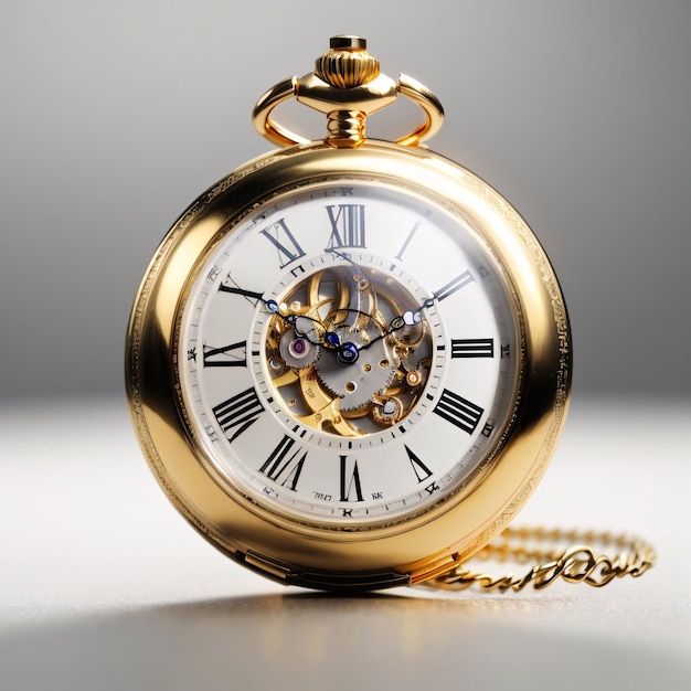 Classic luxurious golden pocket watch plain background showing time