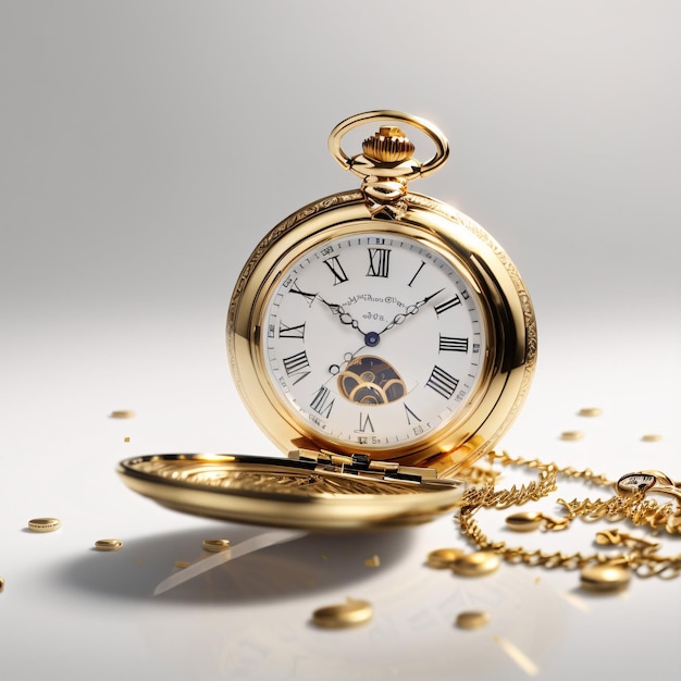 Classic luxurious golden pocket watch plain background showing time