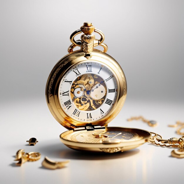 Classic luxurious golden pocket watch plain background showing time