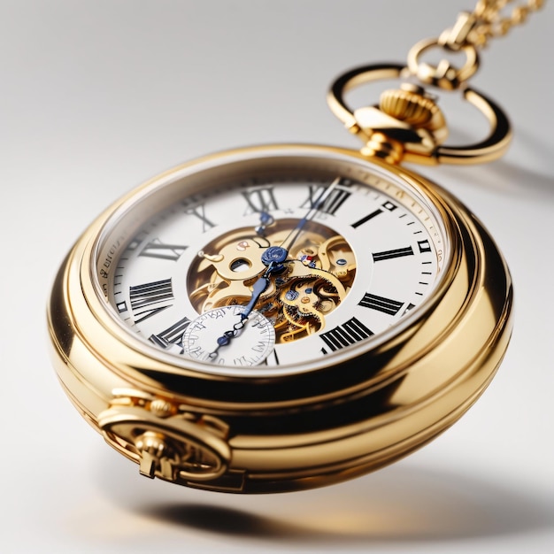Classic luxurious golden pocket watch plain background showing time