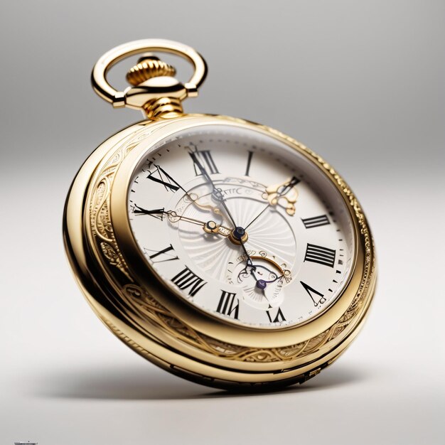 Classic luxurious golden pocket watch plain background showing time