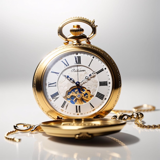 Classic luxurious golden pocket watch plain background showing time