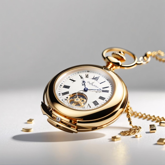 Classic luxurious golden pocket watch plain background showing time