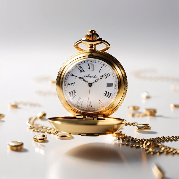 Classic luxurious golden pocket watch plain background showing time