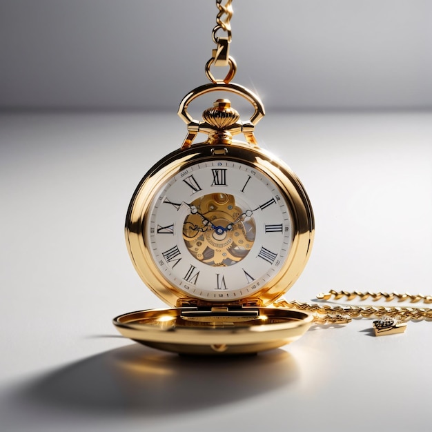 Классические роскошные золотые карманные часы на простом фоне, показывающие время