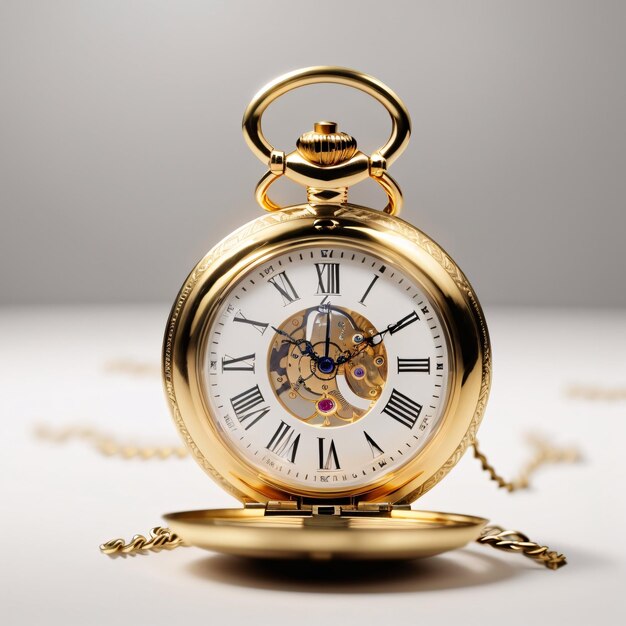 Classic luxurious golden pocket watch plain background showing time