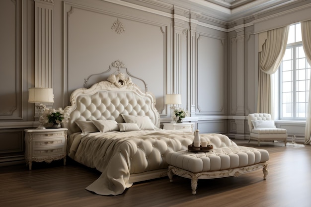 Classic luxury bedroom interior in light pastel and golden colors