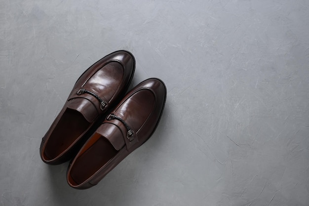 Classic male brown leather shoes Top view Flat lay