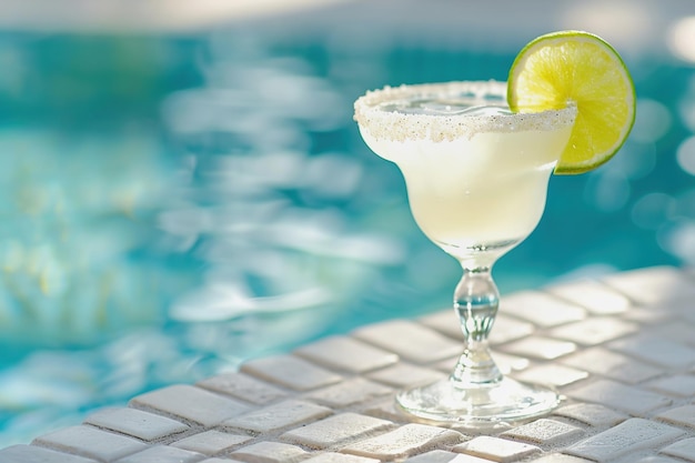 Classic margarita cocktail by the pool copy space