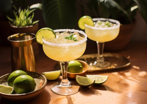 Classic margarita cocktail with limes and sal decoration on summer sunny dayAI Generative