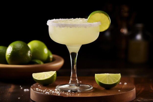 Classic margarita cocktail with salty rim and limes