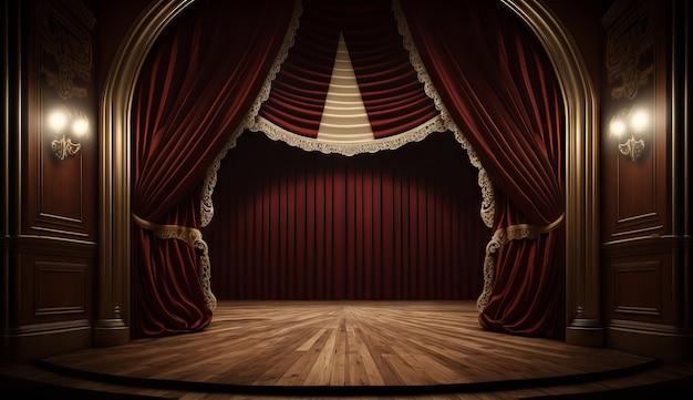 Classic maroon curtains with light descended onto the center of the stage Generative ai