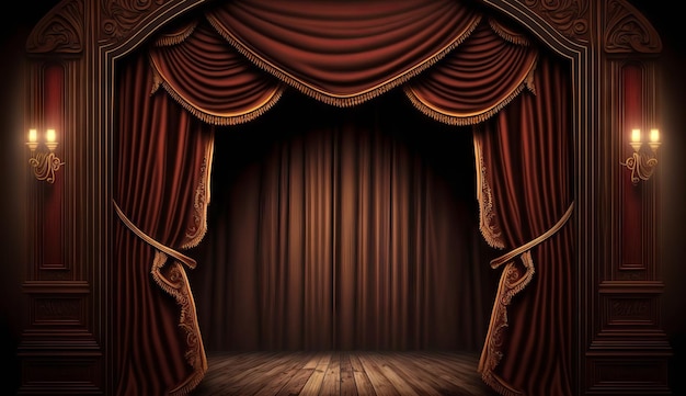 Classic maroon curtains with light descended onto the center of the stage Generative ai