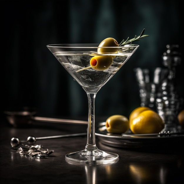 Фото Классический коктейль мартини на основе джина или водки, сухой вермут с оливками, сгенерированный ai