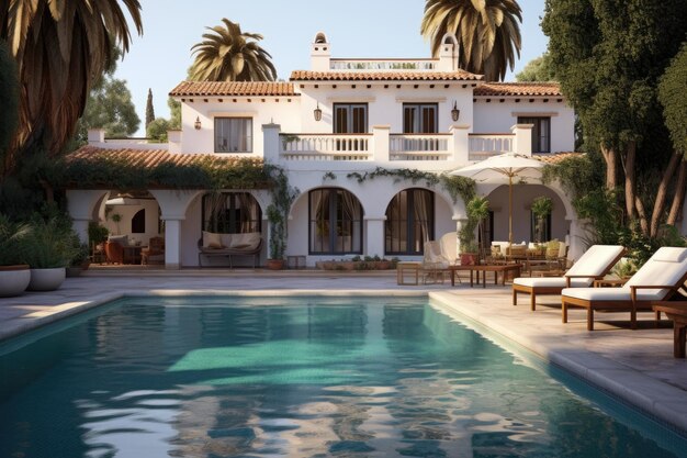 Classic mediterranean house with a pool and sun loungers in the foreground