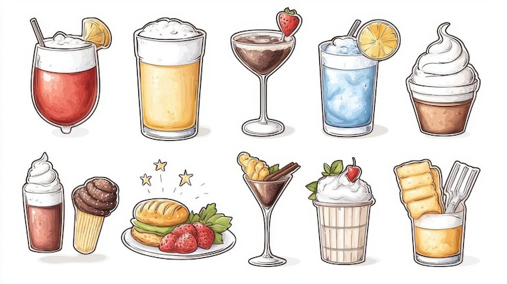 Photo 伝統的な食事と飲み物のイラストでクラシックなメニューデザイン