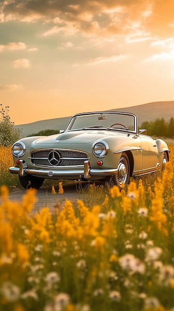 A classic mercedes cabriolet is parked in a field of flowers.