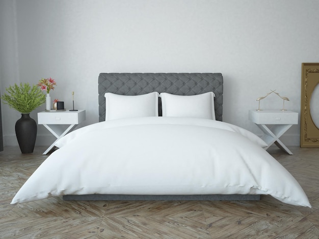 Classic minimalistic bedroom with white bedding sheet white\
wall and wooden floor parquet