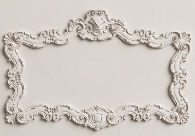 Foto cornice classica a specchio bianco sulla parete bianca. rendering 3d