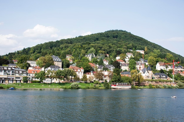 Classic and modern building for people living at riverside of Neckar River near heidelberger square and Heidelberg Castle on August 27 2017 in Heidelberg Germany