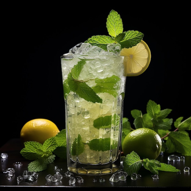 Classic mojito cocktail isolated on black surface