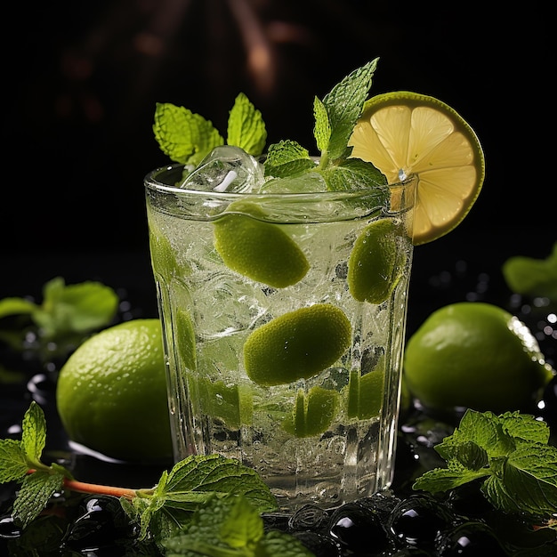 Classic mojito cocktail isolated on black surface