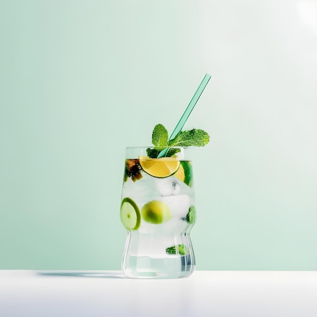 Classic mojito with lime mint and ice cubes on light colored background minimalistic Generative AI