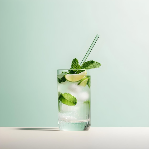 Classic mojito with lime mint and ice cubes on light colored background minimalistic Generative AI