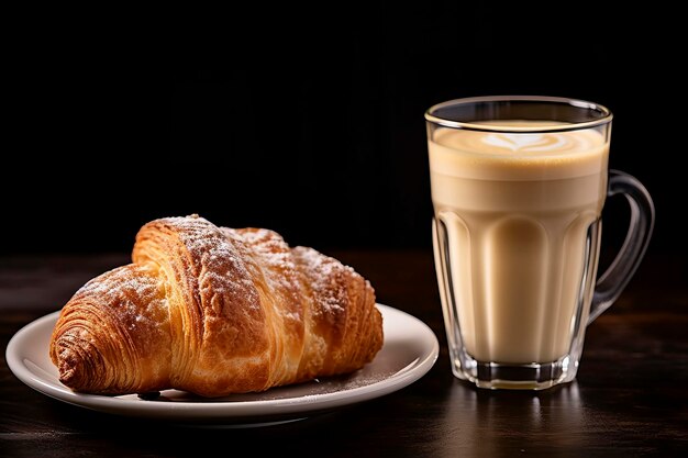 Foto una classica composizione mattutina di un croissant friabile abbinato ad un ricco cappuccino che simboleggia la dolce colazione