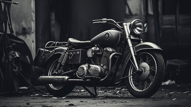 Classic motorcycle parked on wet urban street reflecting in a puddle at night