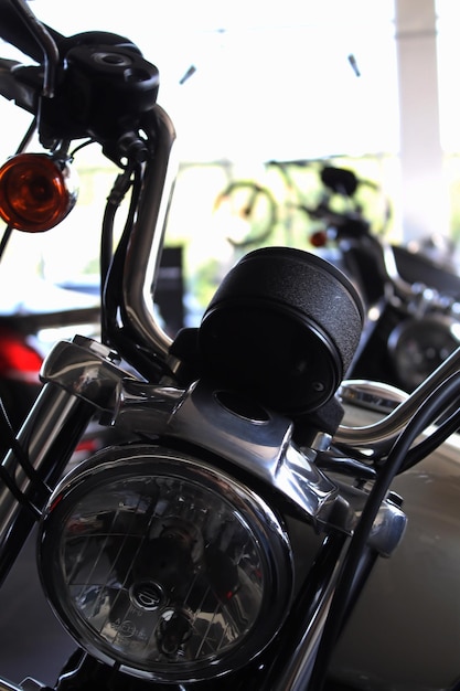 Classic motorcycles and bikes in showroom of motorbike store