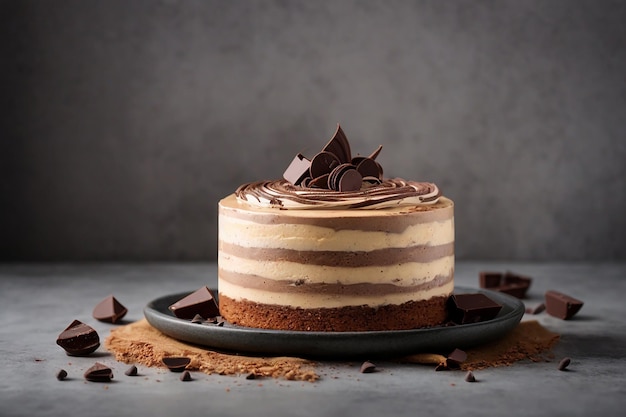 チョコレートで飾られた灰色の背景のクラシックなムースカプチーノケーキ