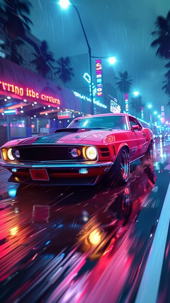 Photo a classic muscle car with neonlit racing wallpaper