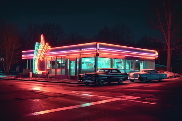 Classic neon diner sign glowing in the dark created with generative ai