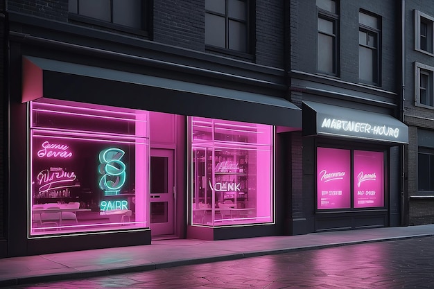 Photo classic neon storefront signage mockup with blank white empty space for placing your design