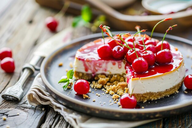 Classic New York cheesecake with a cherry topping