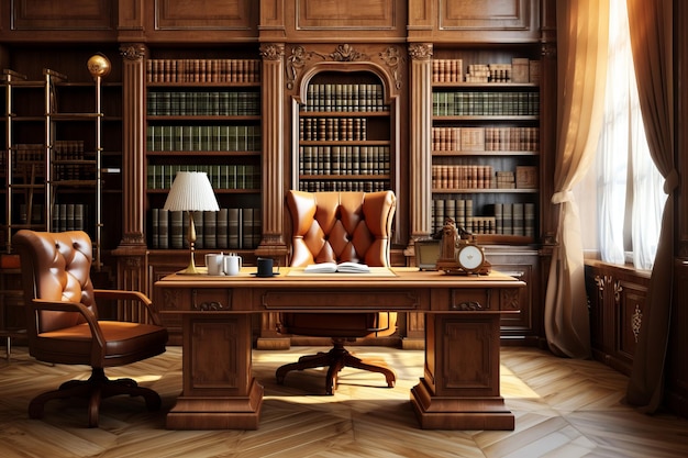 Classic office interior wooden furniture and books