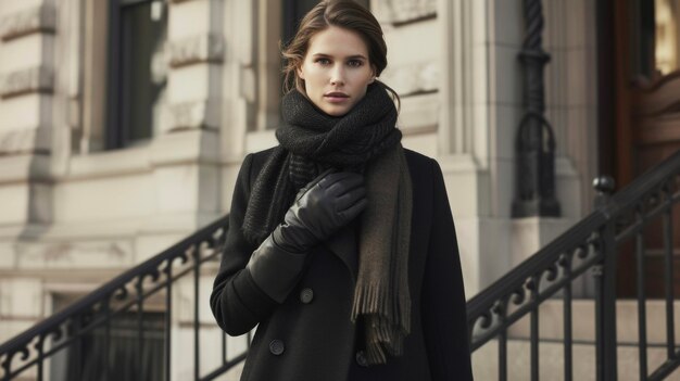 Photo a classic pair of black leather gloves paired with a chic cashmere scarf and a tailored wool coat