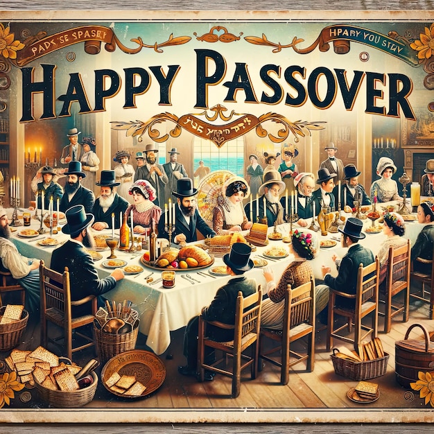 Classic Passover Seder Table in Vintage Style Postcard Illustration