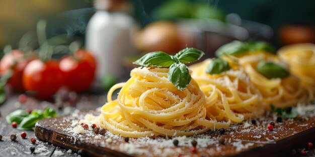 Classic pasta on kitchen background diet and food concept