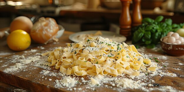 Classic pasta on kitchen background diet and food concept