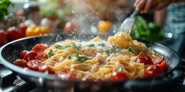 Classic pasta on kitchen background diet and food concept