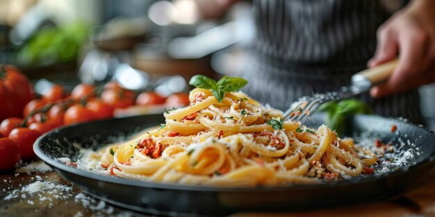 Classic pasta on kitchen background diet and food concept